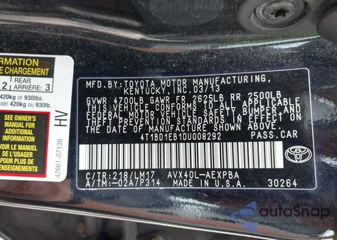 2013 Toyota Avalon Hybrid Limited z USA, uszkodzony, nr VIN 4T1BD1EB1DU008292